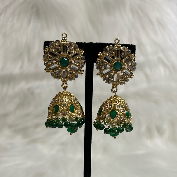 Green Gold Jhumki Earrings - Picture 4 of 8